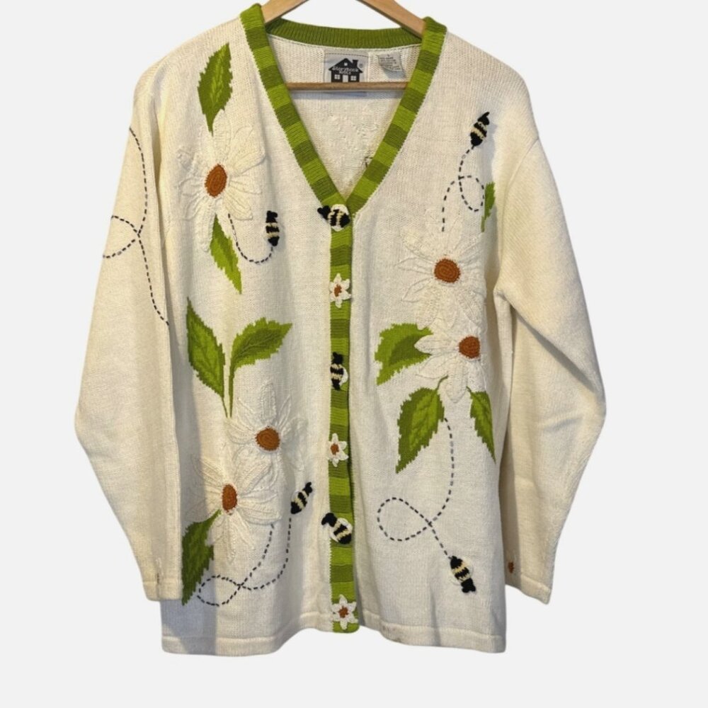 Vintage Storybook Knits Daisy &‎ Bee Embroidered Cardigan Sweater L Cottagecore